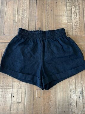 Reformation Elastic Waist Cuffed Linen Shorts Womens Small Black Resort Casual